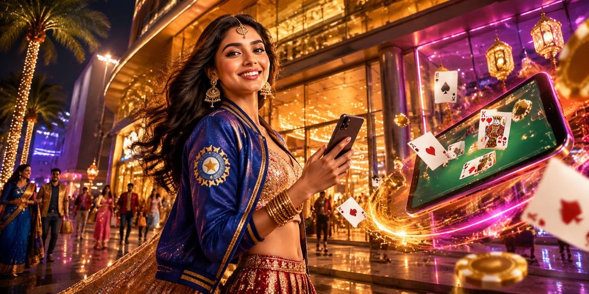 Cricket betting on smartphone with Bollywood background in India